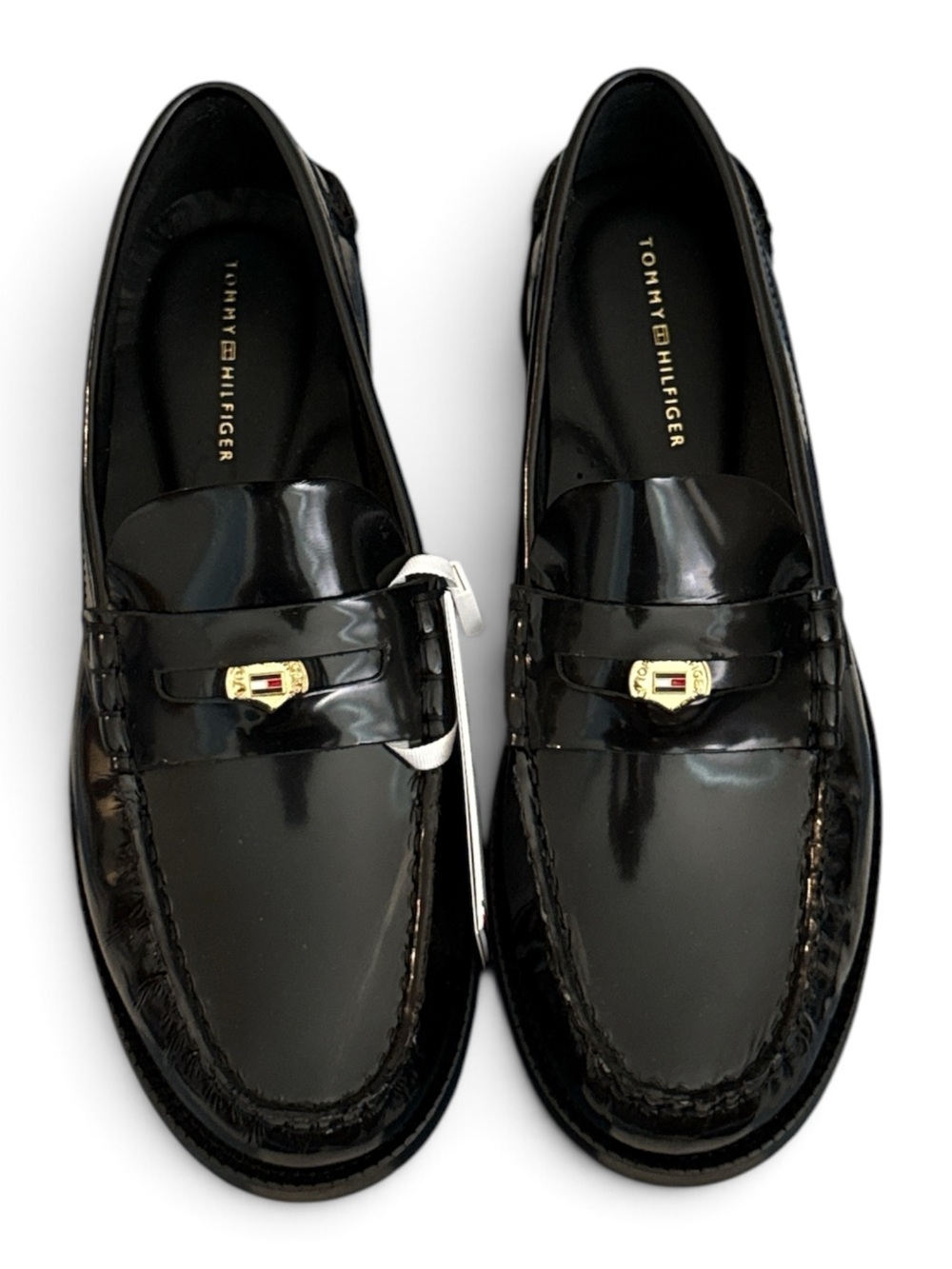 Tommy Hilfiger Men’s Black Patent Leather Penny Loafers with Gold Accent
